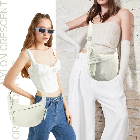 Nylon Crescent Crossbody Bag - Stylish Dumpling Design, Adjustable Strap, Beige - Picture 7 of 7